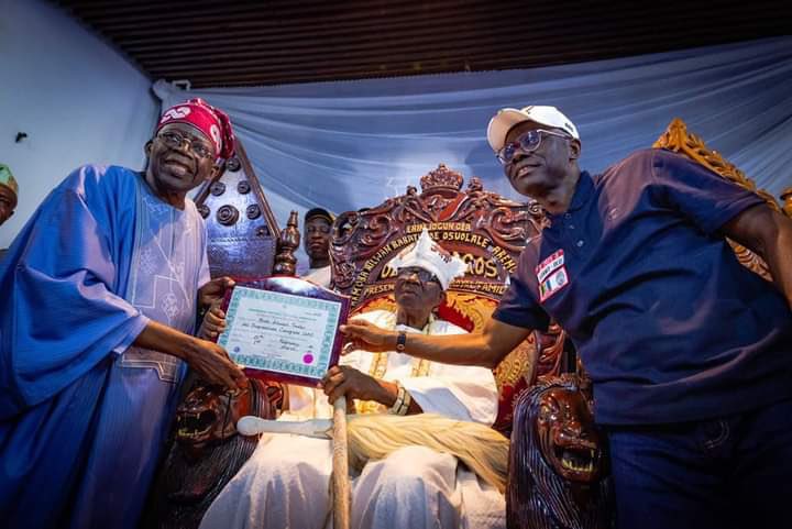 Tinubu visits Oba of Lagos with Certificate of Return